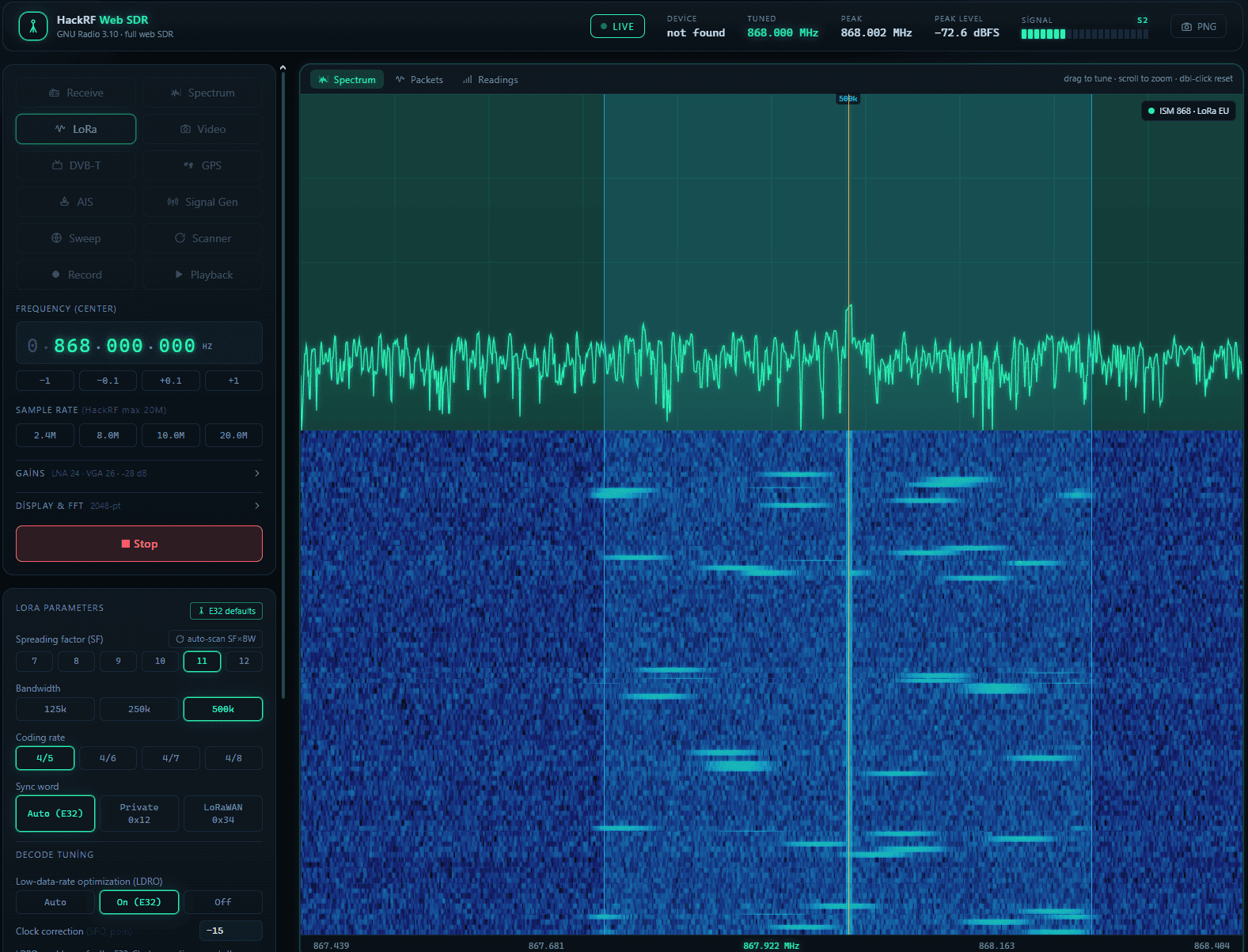 A web SDR screenshot: a left panel of LoRa settings with spreading factor 11, bandwidth 500k, coding rate 4/5, sync word Auto (E32), LDRO On (E32) and clock correction −15 all selected, beside a live spectrum trace and a blue waterfall tuned to 868 MHz