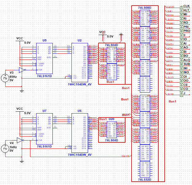 Multisim schematic of the control unit with counters, decoders and the control-signal matrix